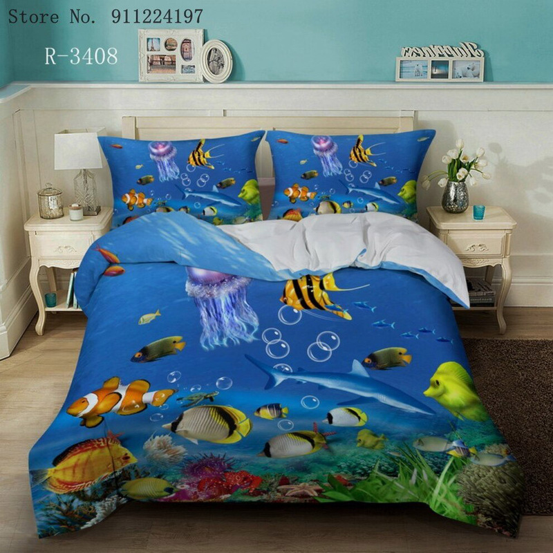 Ocean Themed 3D Printed 3-Piece Bedding Set, 1 Duvet Cover + 2 Pillow Covers for Kids, Blue, King